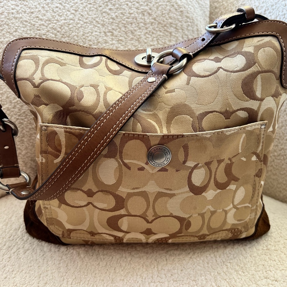Y2K Coach Chelsea Signature Monogram Flap Pocket Shoulder Bag Brown Canvas